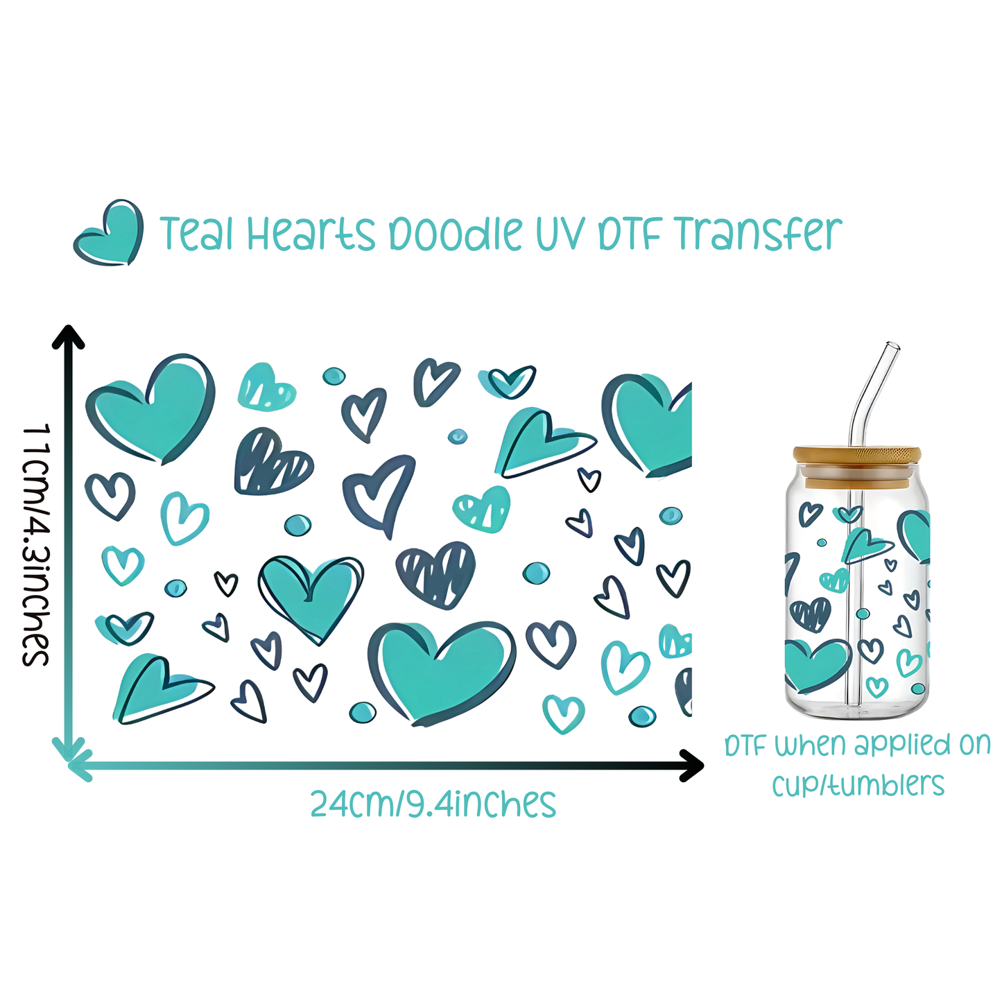 Teal Hearts Doodle UV DTF Transfer