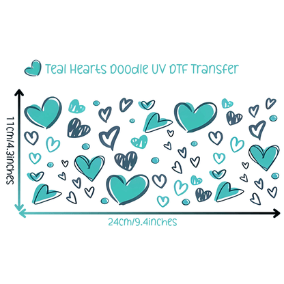 Teal Hearts Doodle UV DTF Transfer