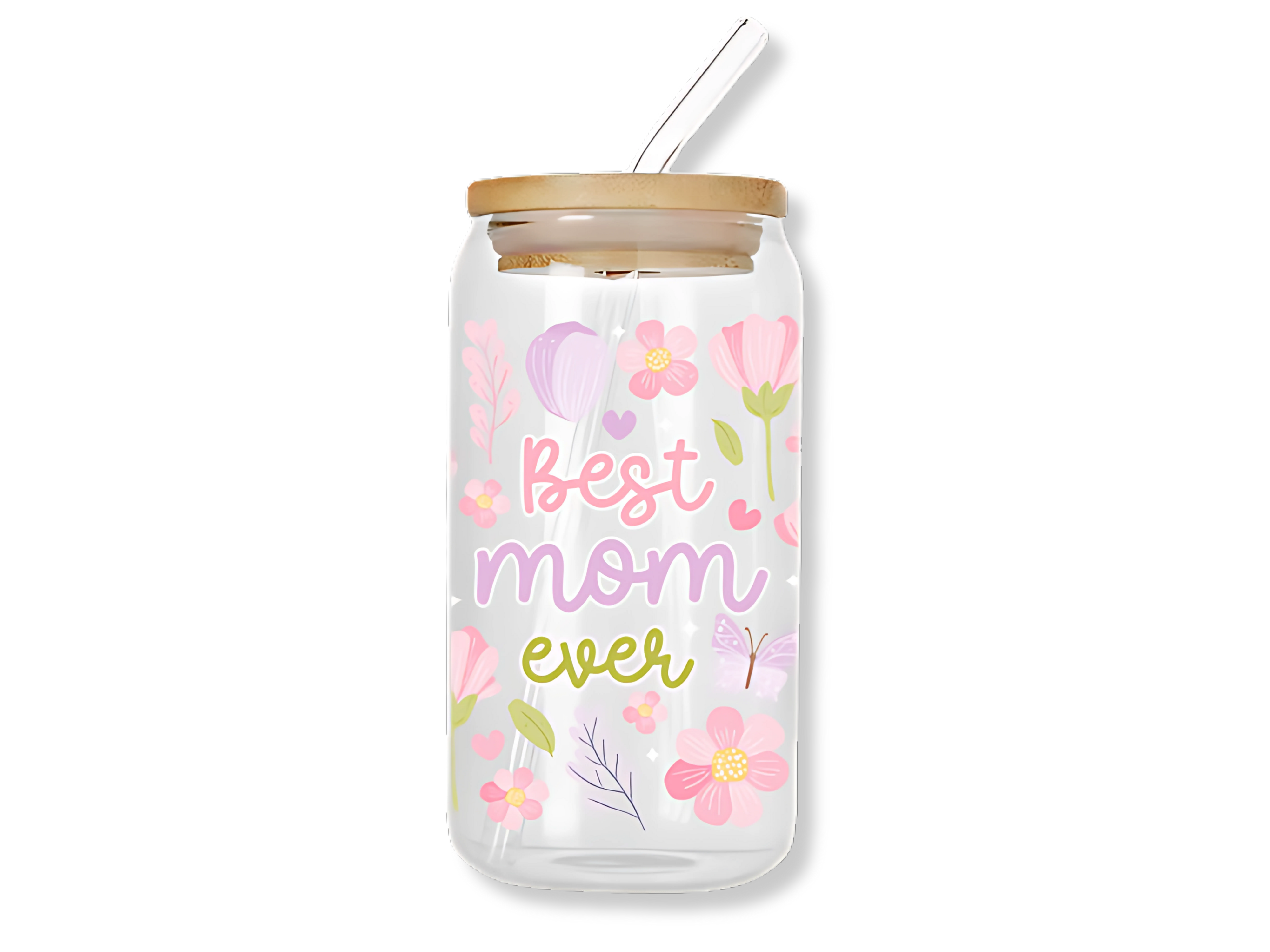 Best Mom Ever glass tumbler with floral design, reusable straw, and acrylic lid. Perfect gift for mothers.