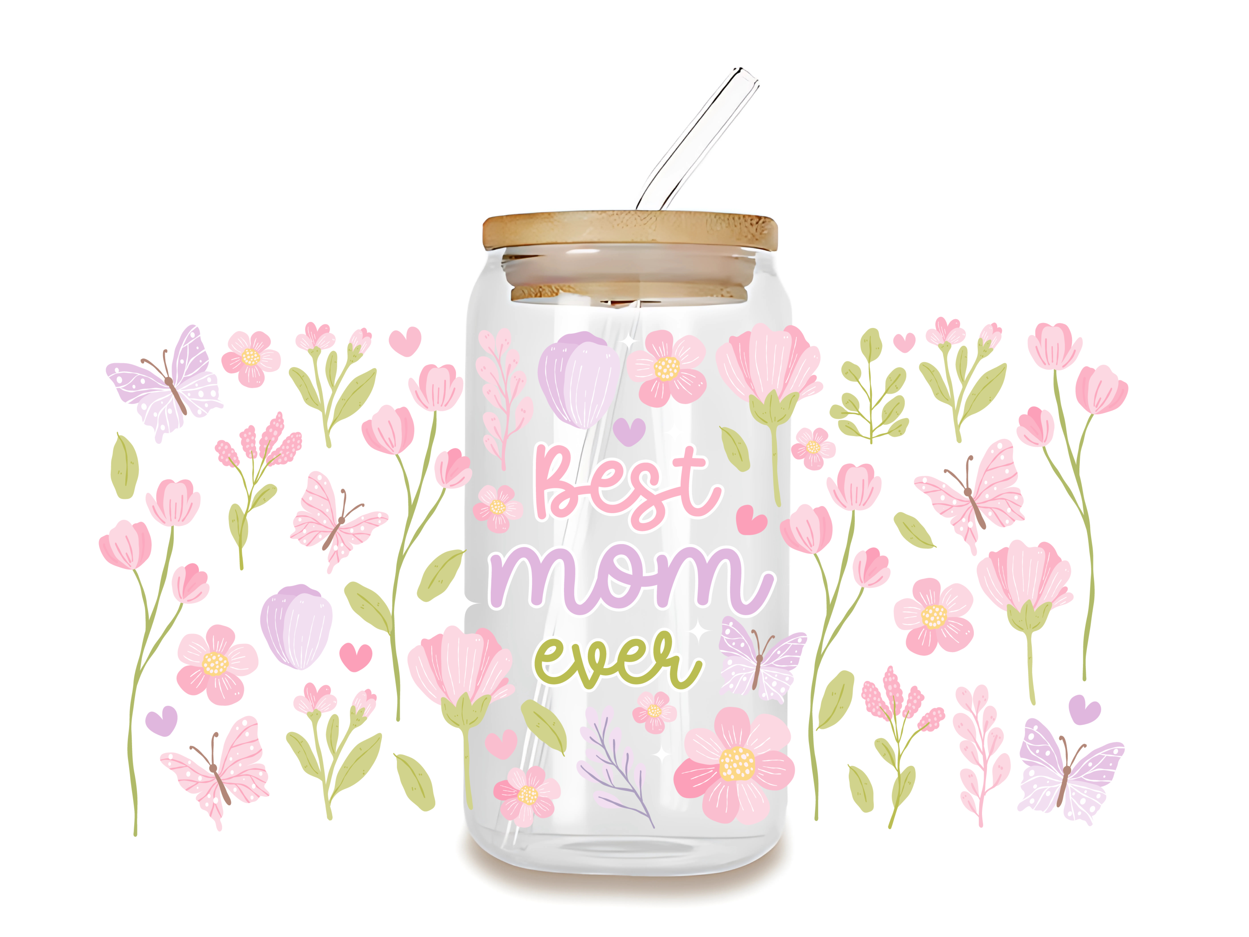 Best Mom Ever glass tumbler with straw, colorful floral design, perfect gift for mothers, 16 oz reusable drinkware.