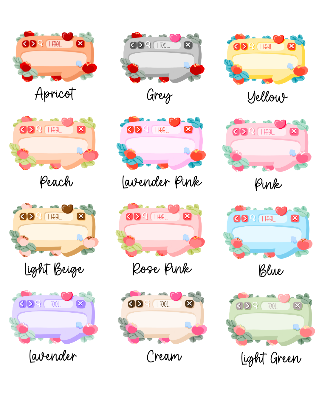 Colorful selection of 'I Feel...' customizable t-shirt designs, showcasing pastel hues and emotional expressions.