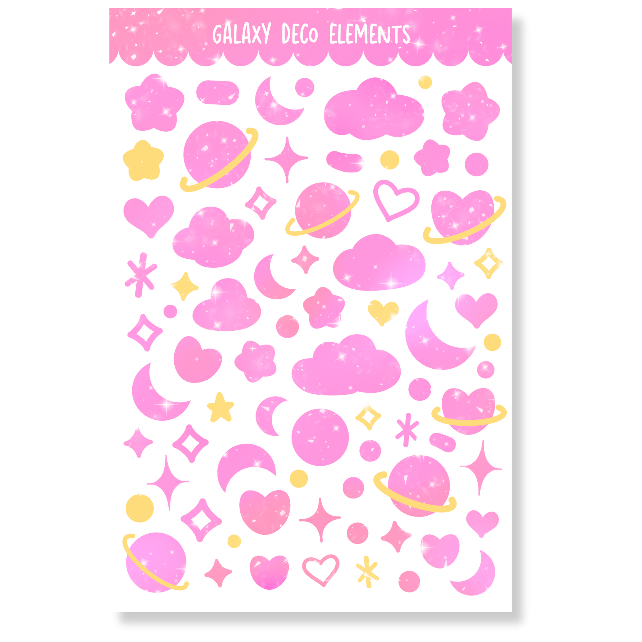 Galaxy Deco Elements Sticker Sheet featuring glossy pink celestial designs, perfect for planners and phone cases, 4" x 6".