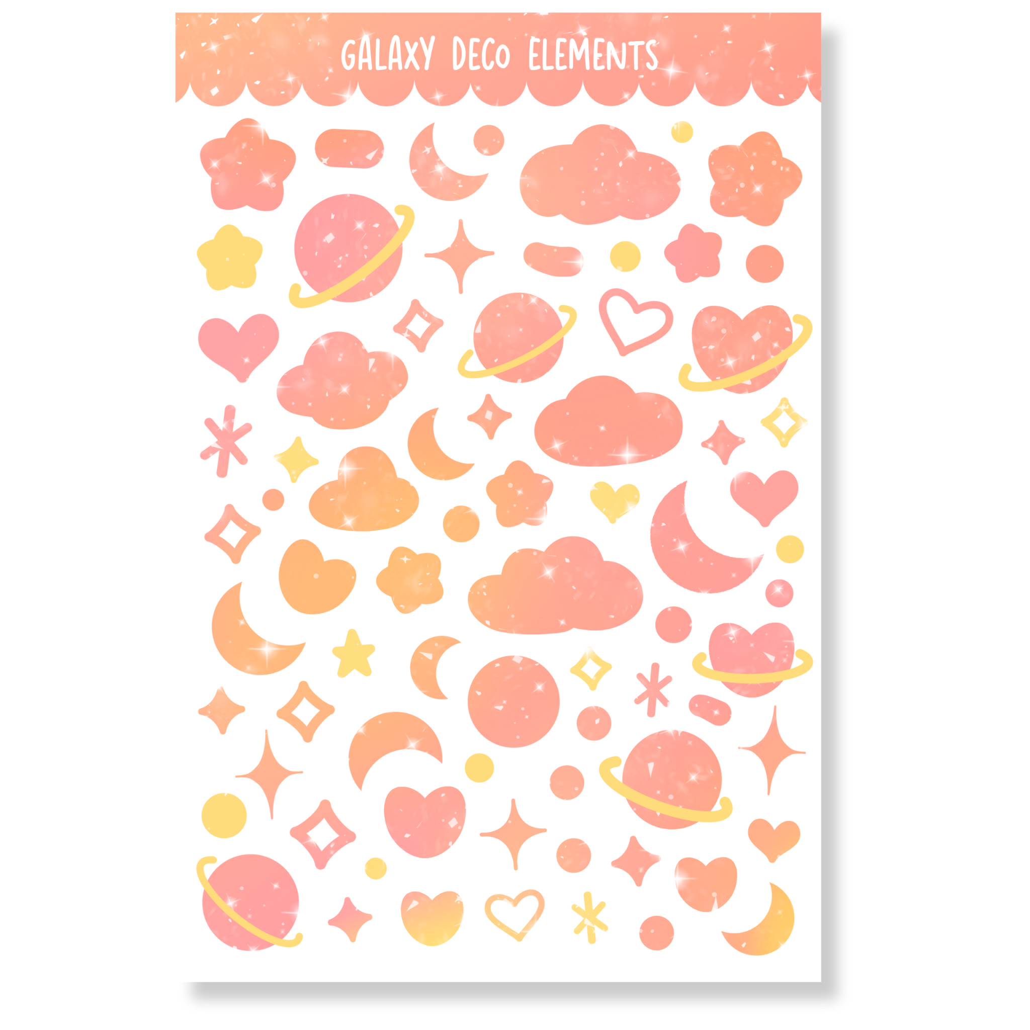 Galaxy Deco Elements sticker sheet with glossy finish, featuring colorful planets, clouds, hearts, and stars, size 4" x 6".