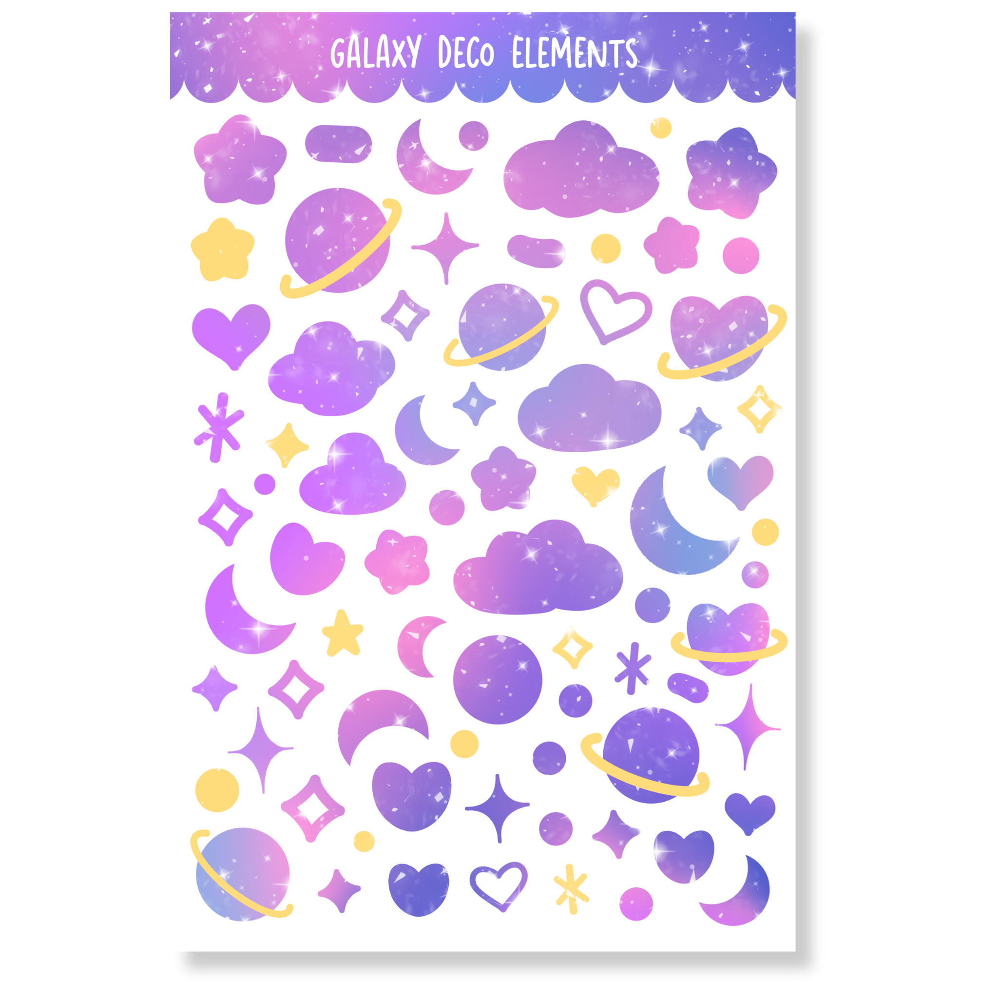 Galaxy Deco Elements sticker sheet in glossy finish, featuring colorful planets, stars, clouds, and hearts for decorating planners and devices.