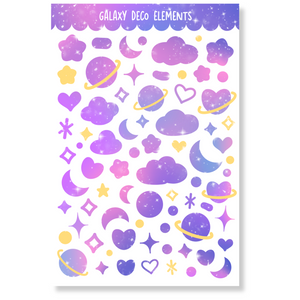 Galaxy Deco Elements sticker sheet in glossy finish, featuring colorful planets, stars, clouds, and hearts for decorating planners and devices.