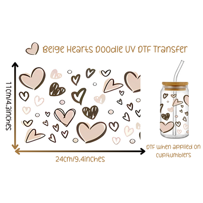 Beige Hearts Doodle UV DTF Transfer